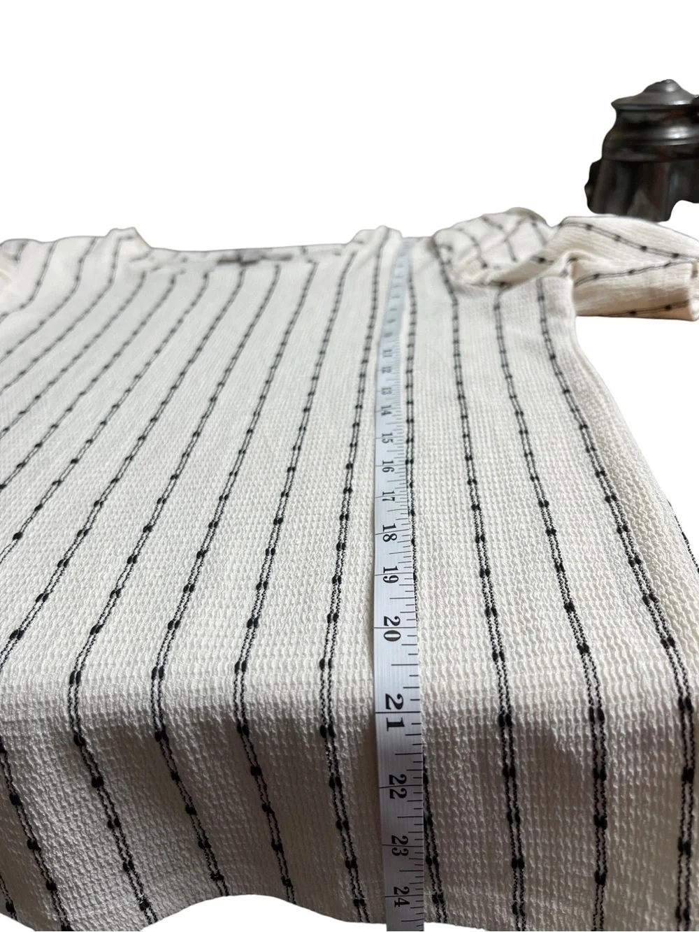 LOFT Ivory Knit Top with Black Pinstripes and Ruffled Sleeves